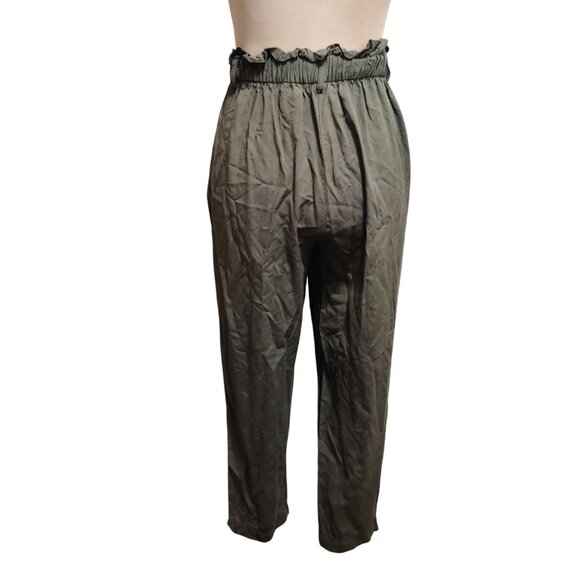 H&M Olive High Waist Paperbag Pants Relaxed Tapered Pleated Street Style Work - Picture 4 of 8